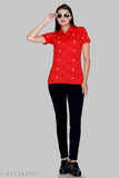 Red cotton blend women's polo t-shirt with printed design, half sleeves and polo neckline by Pyro Spirit