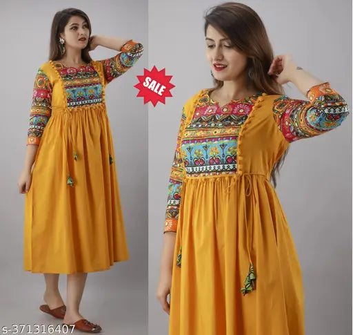 Rayon printed A-line gown kurta with embroidered pattern, three-quarter sleeves for women, Indian ethnic wear
