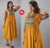 Rayon printed A-line gown kurta, three-quarter sleeves with embroidered patterns for women's fashion in India