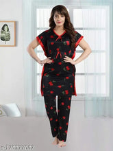 Red & Black Fruity Print Satin Kaftan Night Suit, comfortable loungewear/nightwear set, made in India