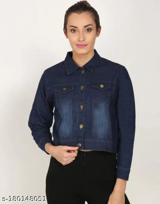 Dark blue denim jacket with three-quarter sleeves, dyed wash finish. Worn by model, Indian-made