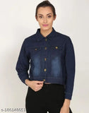 Dark blue denim jacket with three-quarter sleeves, dyed wash finish. Worn by model, Indian-made