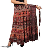 Bule-Brown women's cotton Sanganeri Jaipuri print long wrap skirt, Indian fashion design for parties