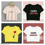 Trendy cotton blend crop tops (Packup 4), printed with modern designs for women, S-XL sizes