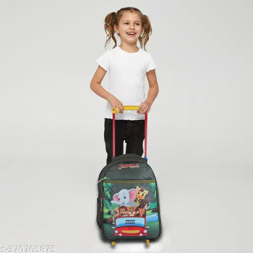 DARK Green & Light Blue Indian Riders Zoo Cartoon Animal Kids School Travel Trolley Bag (16in, 30L), waterproof polyester net