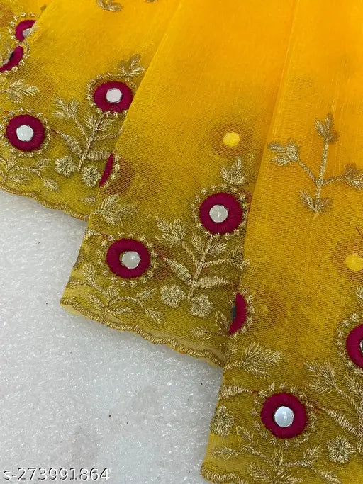 Embroidered Super Net Sari with separate Dupion Silk blouse, featuring cutwork border and multithread embroidery, in mustard yellow, off white, black, sky blue, or steel gray. Indian-made, single size saree (5.5m) with heavy banglory silk blouse (0.8m)