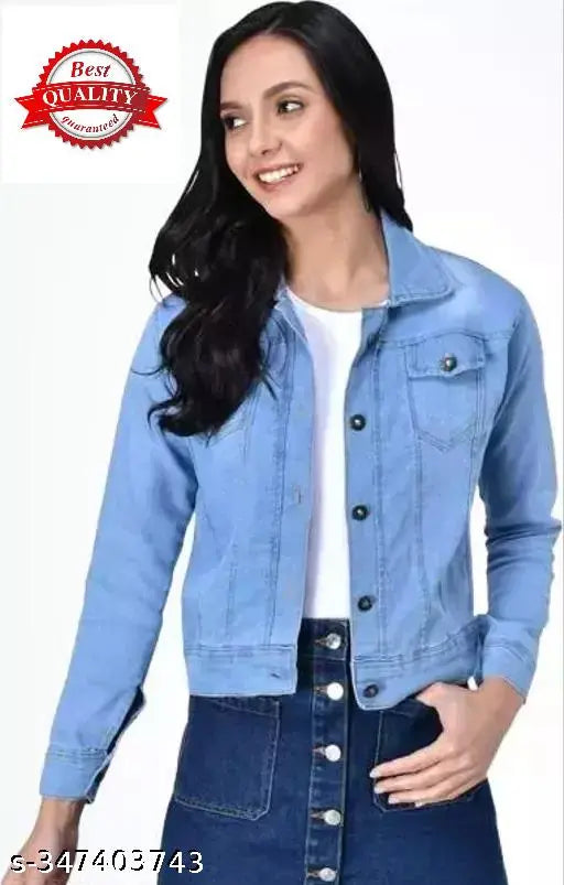 Light denim long-sleeve solid jacket for women, India origin