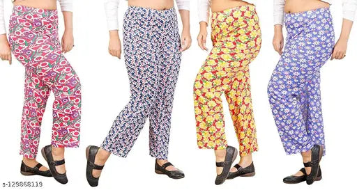 Cotton-printed women's/girls track pajama pack of 4, maxi length and soft fabric for cozy sleepwear or lounging in all seasons