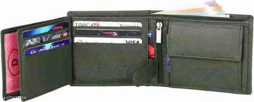 Green genuine leather men's wallet, 12 card slots, solid pattern, free size (11cm x 10cm), India origin