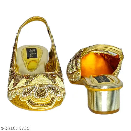 Gold synthetic belly sandals with embellished pattern, women's comfortable footwear from Hafiz Footwear, India