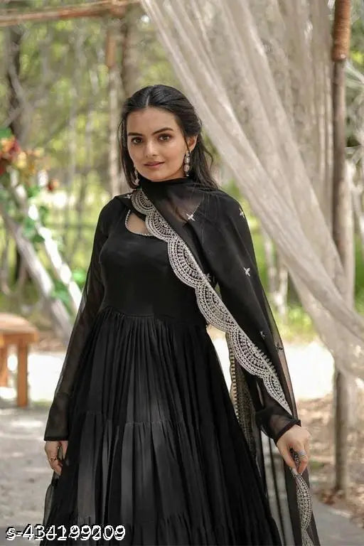 Georgette black gown, long-sleeved, solid design, RAYA brand, XS size with 34" bust and 14" shoulder