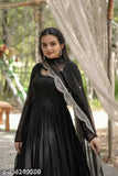 Georgette black gown, long-sleeved, solid design, RAYA brand, XS size with 34" bust and 14" shoulder