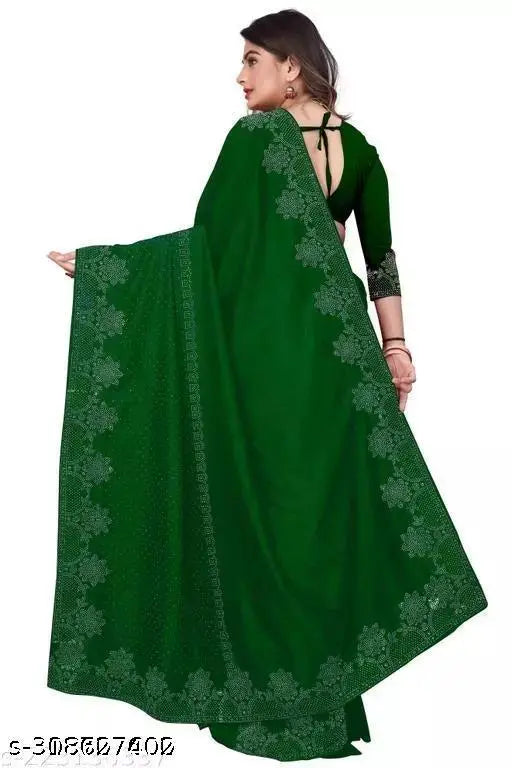 Trending green georgette saree with hotfix diamond work and chiffon blouse, embellished pattern matching border