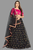 Black embroidery silk lehenga with net choli and no dupatta, semi-stitched (waist size 34", length size 42"), Indian handcrafted embroidery on display