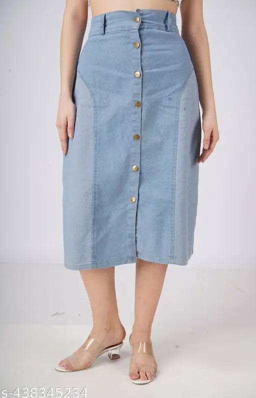 Colorblocked denim skirt, stylish western wear for women & girls, denim fabric, multiple designs, size 28-36