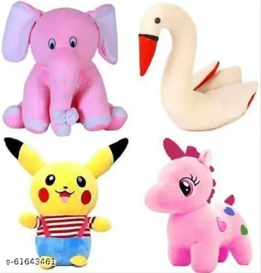 Stylish plush elephant, Pikachu, unicorn, swan combo (4), soft toys for kids decoration - 30 cm