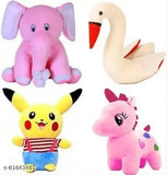 Stylish plush elephant, Pikachu, unicorn, swan combo (4), soft toys for kids decoration - 30 cm
