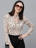 Beige and black abstract print polyester smart casual top, long sleeves, mandarin collar, puff sleeves, curved hem - Style Quotient Women, India