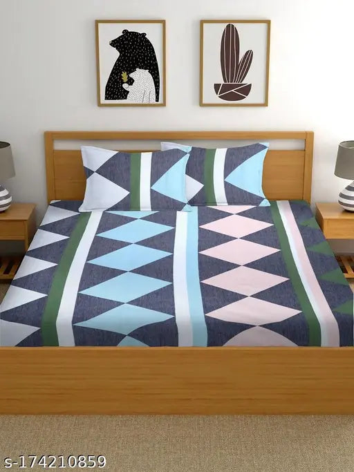 Glace cotton geometric double fitted bedsheet with 2 pillow covers, premium microfiber for stylish summer sleepwear, made in India