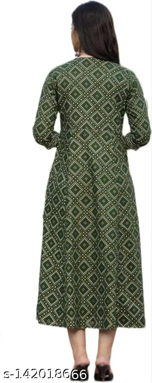 Green and silver-toned AAYUMI Woman Anarkali Kurti, cotton slub maxi dress with keyhole neck, three-quarter sleeves. Indian ethnic motifs printed a-line dress, gathered detail and flared hem." (125 characters)