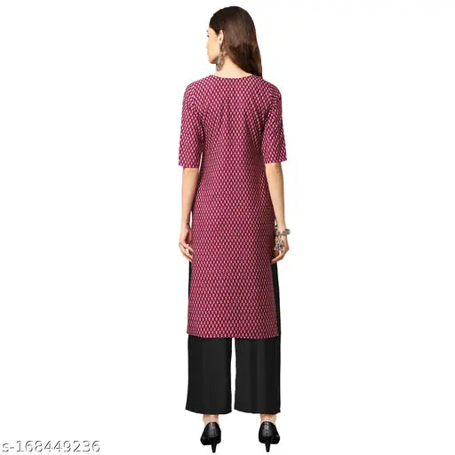 Wine color crepe kurta and black rayon palazzo set, printed net motif, easy-breezy summer wear