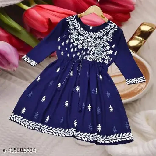 Blue round neck Chikankari Georgette short kurti - three-quarter sleeves, intricate embroidery on Indian-made georgette fabric