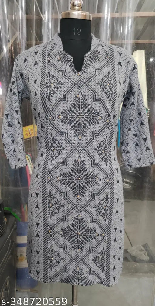 Wool three-quarter sleeve Chikankari self-design kurtis, Indian handcrafted fashion