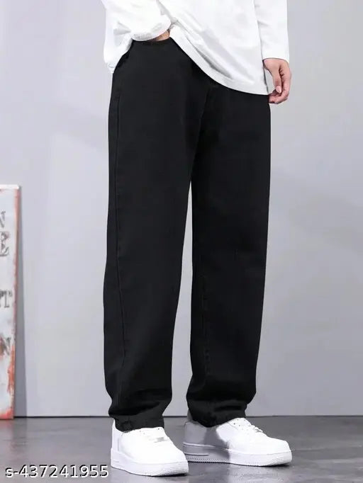 Men's Steright Fit black baggy cotton pants, solid style for athletic fit - size 28 (29wa-38l-35h), India origin