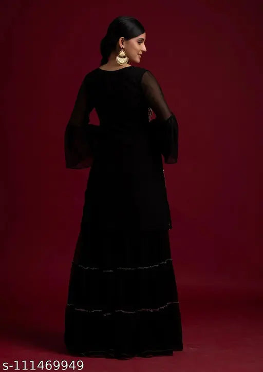 Black sequins georgette designer salwar suit dupatta set, heavy sequin embroidery and multi-colored threadwork - India-origin black round neck straight kurta with tiered sharara pants