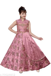 Girls pink ethnic silk satin blend gown, sleeveless embellished net style for 4-5 years