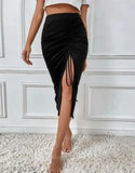 Polyester pencil bodycon knee skirt for women, solid color style on mannequin