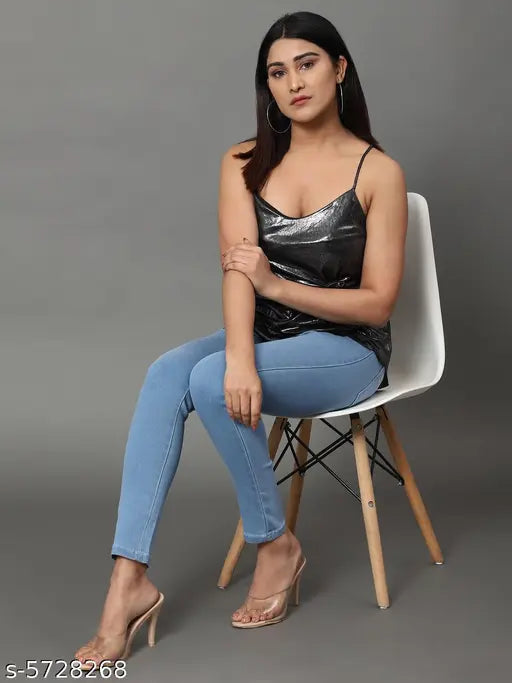 Skyblue denim jeggings for women, high waist stretchable fit with elastic closer, solid design