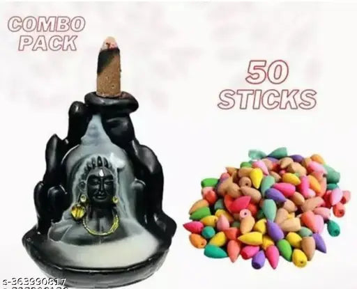 Premium resin Adi Shankara Adiyogi Shiva Smoke Fountain, handcrafted with backflow incense cones (14 cm, 50 free) - Indian decorative showpiece