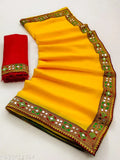 Yellow Georgette mirror work lace saree with running dupion silk blouse, perfect for women's party wear collection