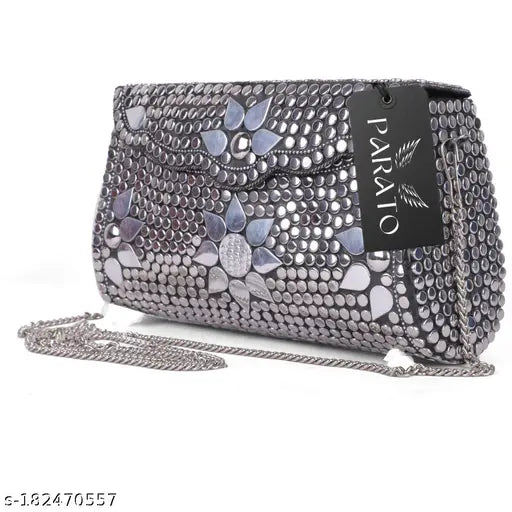 Handmade silver flower-style suede bag, embellished net design, free size (7in x 3in), party wear accessory, made in India