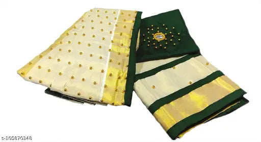 Dark green Kerala Kasavutiissue beads embellished dhavani set, ready-to-wear silk top with cotton dupatta and bottom, Indian traditional choli and drape style