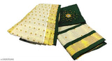 Dark green Kerala Kasavutiissue beads embellished dhavani set, ready-to-wear silk top with cotton dupatta and bottom, Indian traditional choli and drape style