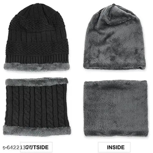 Woolen Aksmit winter cap (2 layers) with neck scarf for men & women, stylish and warm headgear