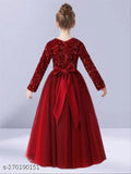 Red sequin work net and velvet full-length western wear gown for girls (5-16 years), Indian-made party dress with embroidery, ready to wear for weddings or special occasions