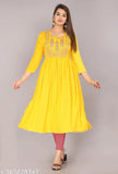 Yellow rayon embroidered Anarkali Kurta, three-quarter sleeves, S-XXXL, Indian origin