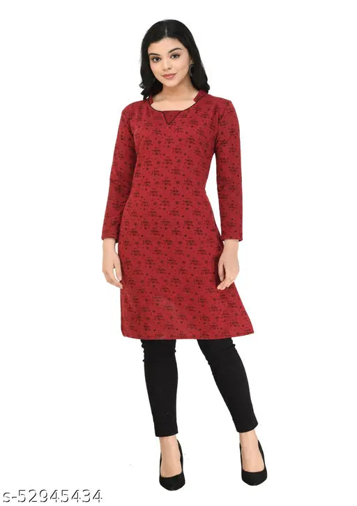 Red woolen women's short kurti, full-length sleeves, printed combo, M-XXXXL sizes