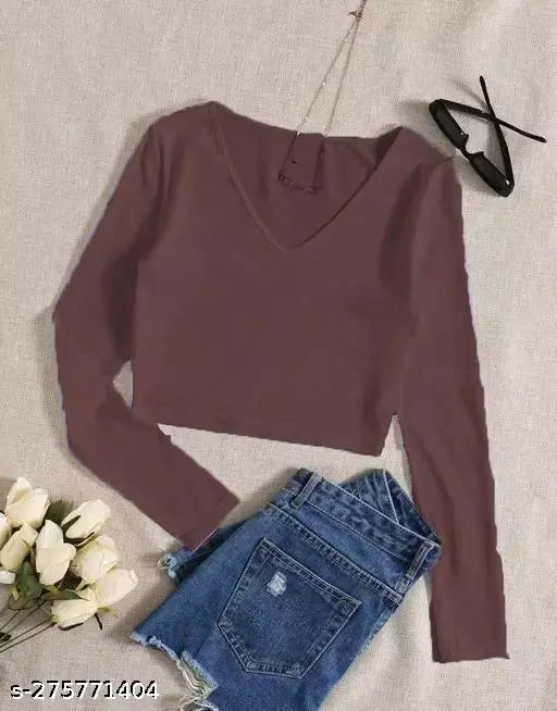 Lycra V-neck full sleeve crop top, solid color in multiple sizes for women, India origin