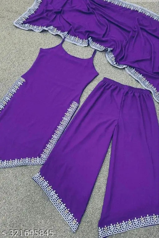 Georgette embroidery dupatta set, sleeveless purple Indian festive wear with kurta and bottomwear, India origin