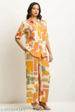 Cotton geometric print pyjama set, 52% cotton + 48% polyester, wave pattern, night dress for women