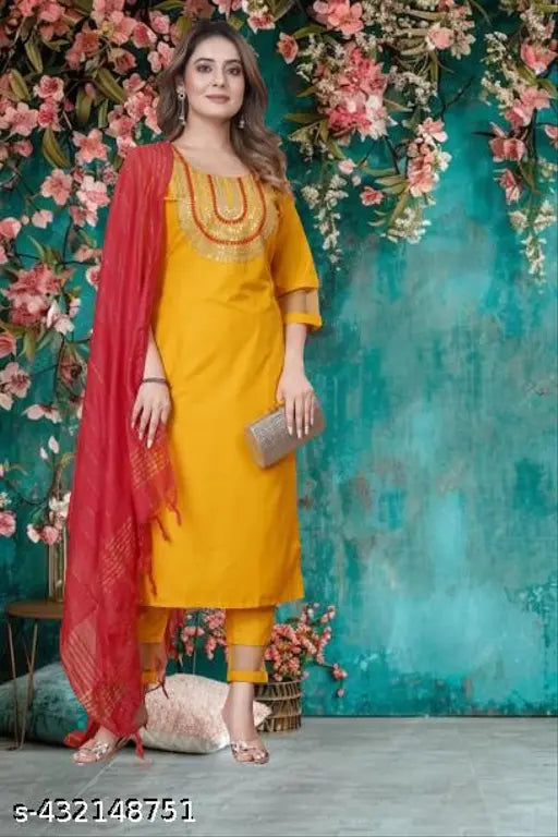 Rayon slub kurti set with pants, embroidered for women, solid net pattern, three-quarter sleeves. Exclusive designer Indian attire for Diwali, Holi, Rakhi, Navratri, festivals, parties