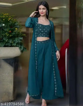 Georgette Mirror Work Embroidery Ensemble: Top, Palazzos, Shrug - Indian embroidered kurta set featuring long sleeves and coordinating palazzos