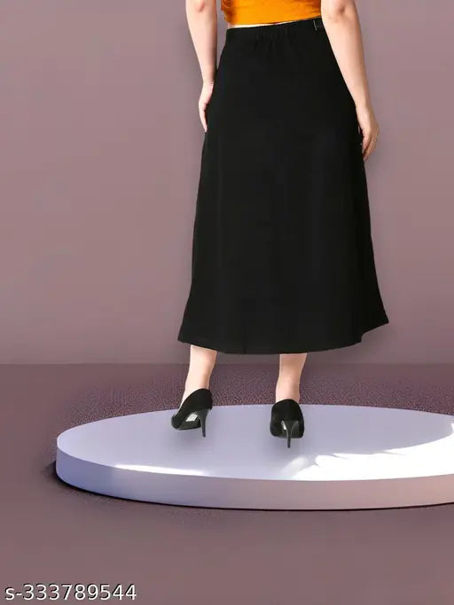 Black cotton blend A-line western skirt for women, solid black, women's fashion accessory on mannequin