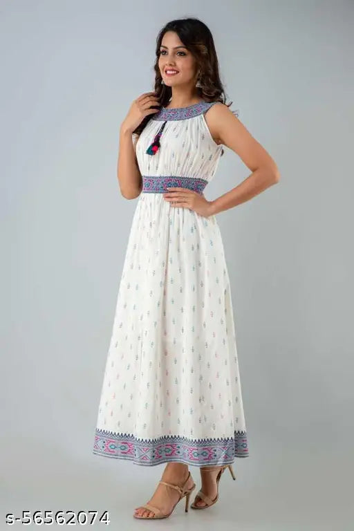 Blue rayon elastic sleeveless kurti with printed combo, Surya Women's fashion wear