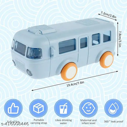 Blue plastic bus-shaped kids water bottle, 500ml leakproof sipper and straw. Fun, portable, detachable design, BPA free, easy to clean, locking flip lid, large capacity, adjustable shoulder strap