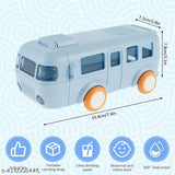 Blue plastic bus-shaped kids water bottle, 500ml leakproof sipper and straw. Fun, portable, detachable design, BPA free, easy to clean, locking flip lid, large capacity, adjustable shoulder strap